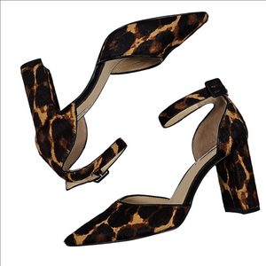 Alex Marie Genevie Leopard Print Calf Hair Pointed Toe Ankle Strap Block Heel